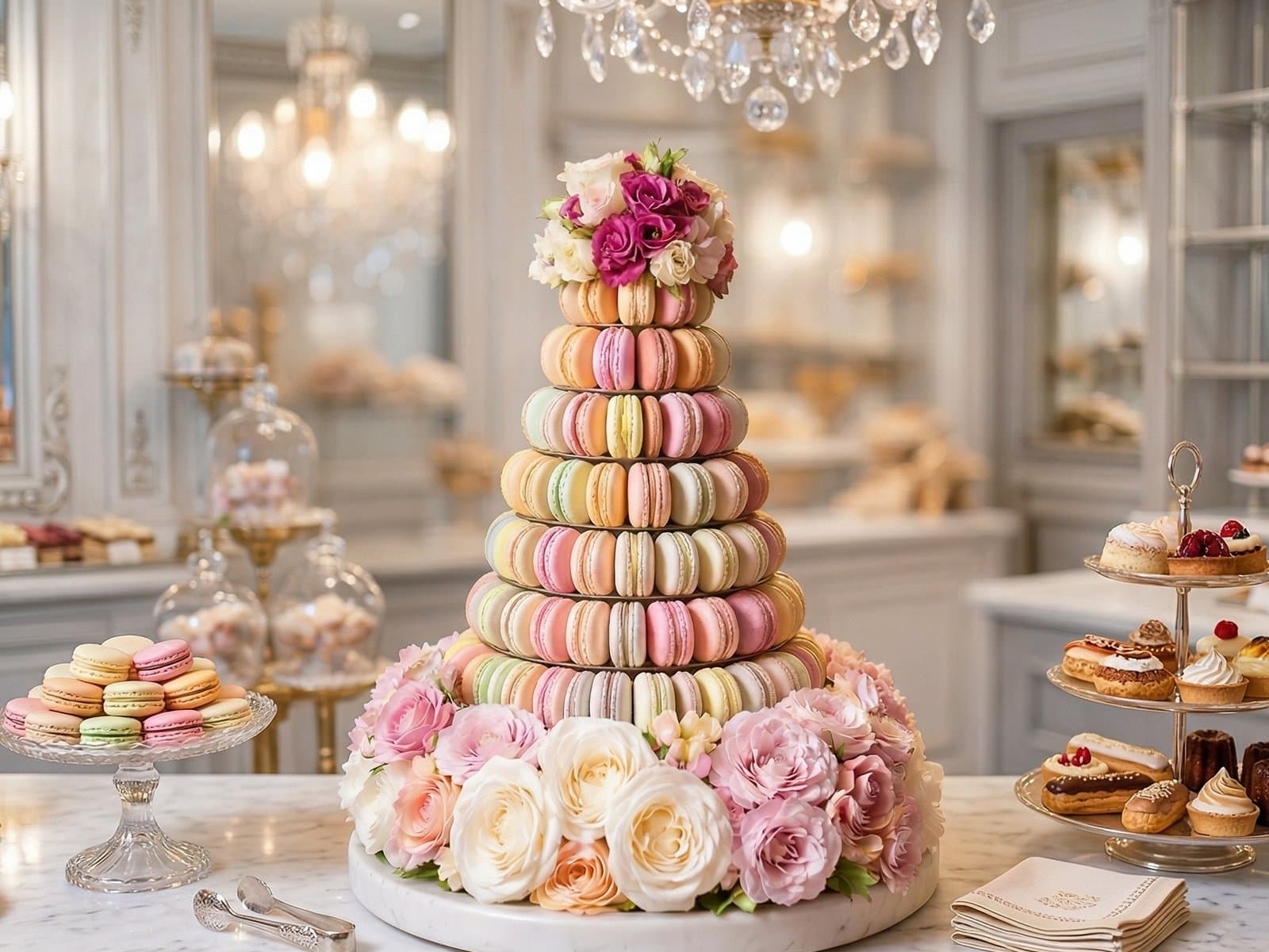 Macaron Turm mit Rosen als Sweet Table Ergänzung zum Geburtstag Wien Cupcakes Manufaktur Cir Cake Design